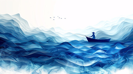 Abstract wave pattern with serene blue gradients, incorporating illustrations of a fisherman in a boat, reeling in a catch