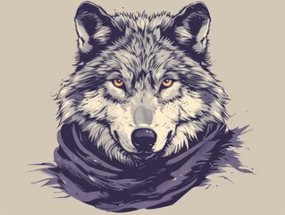 Fototapeta premium Illustrated wolf portrait wearing scarf, showcasing the wild spirit with intricate details and modern artistic touch.