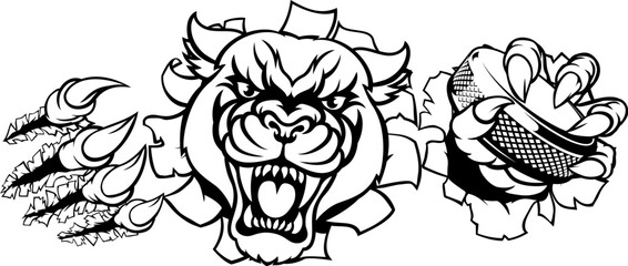 A panther ice hockey player animal sports mascot holding a puck