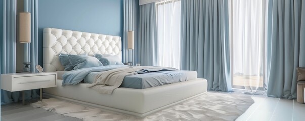A contemporary bedroom with walls in a muted sky blue and a modern bed with a white tufted...