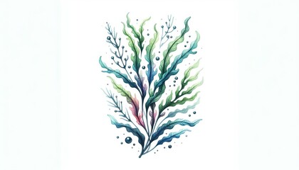 Watercolor illustration of various types of seaweed in shades of blue, green, and red, arranged in an artistic composition on a white background
