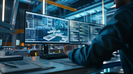 A man is working at a computer with two monitors, one of which displays a 3D model of the building. The code is displayed on the other monitor