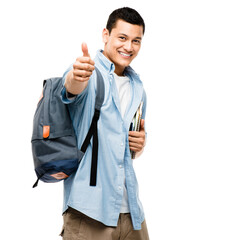 Man, student and thumbs up in studio portrait for education, learning and support on white...
