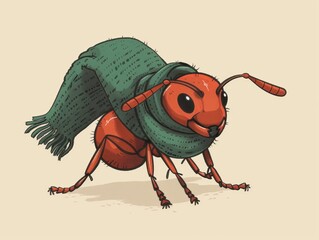 Illustration of a cute ant wearing a green scarf, showcasing a whimsical and charming personality. Perfect for unique and creative designs.