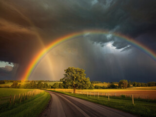 The stunning beauty of a rainbow gracefully streaking across a stormy sky.