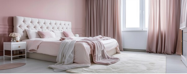 A contemporary bedroom with walls in a muted blush pink and a modern bed with a white tufted...