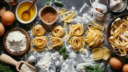 Homemade pasta making process with ingredients --ar 16:9 --stylize 250 Job ID: 7786f13d-f35a-4e08-933e-4700d7a6dcc3