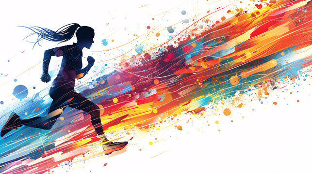 Abstract illustration of a person running towards a slimmer silhouette, with advertising banners and billboards along the path promoting weight loss solutions and wellness initiatives