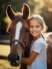 Portrait of cute happy smiling little girl with horse on a beautiful summer day. Interacting with horses encourages emotional bonding and can help children develop trust, empathy, confidence and helps