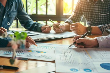 Team analyzing and discussing financial documents on a desk