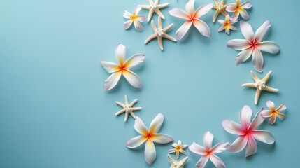 Starfish and plumeria flowers in a circular pattern, light blue background, minimalistic design, tropical elegance