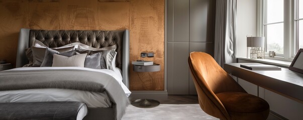 A contemporary bedroom with walls in a soft bronze and a bed with a grey tufted headboard. Bronze and grey bedding and a modern bronze chair beside a sleek grey desk enhance the vibrant feel.