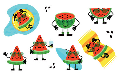 Funny characters, watermelon slices with cartoon smiling faces on the beach with a cocktail.