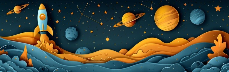Solar system planets, constellations, and a rocket under a starry night sky, vector paper cut illustration, whimsical design, rich details