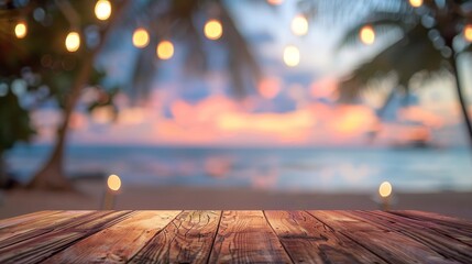 Smooth wooden table surface, blurry beach restaurant setting, soft hues of sunset sky and twinkling lights, serene evening vibe