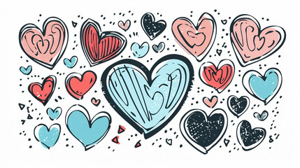 Illustration of colorful cute drawn hearts, romantic background