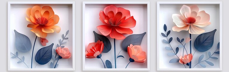 Set of three elegant floral posters, intricate paper cut technique, colorful flowers, minimalistic white frames, artistic sophistication