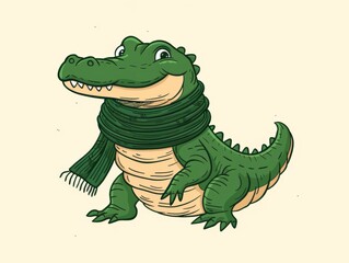 Obraz premium Illustration of a friendly cartoon alligator wearing a warm scarf. Perfect for winter-themed designs and children's books.