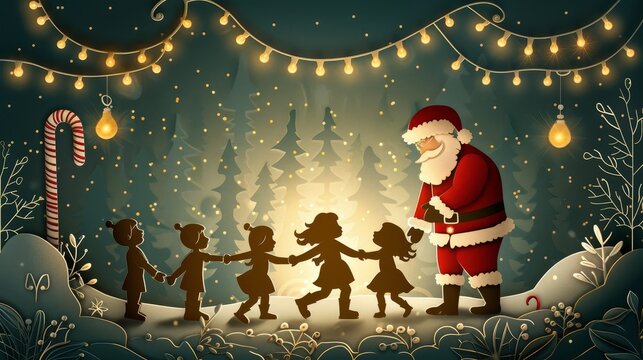 Santa Claus with children holding hands, paper cut style, festive village scene, layered paper texture, warm holiday colors