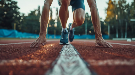 Close up of male athlete getting ready to start running on track . Focus on sneakers.