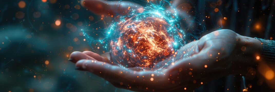 Quantum physics, quantum particles energy catch, atom particles structure hologram holding in hand a human, background a dark blue, experiment, science experiment, 