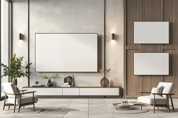 Realistic 3D render of a blank modern wall unit in multiple camera angles. High-quality mockup for showcasing.