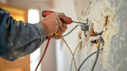 A closeup shot of a skilled electrician using long pliers to pull wires through a narrow opening in the wall.