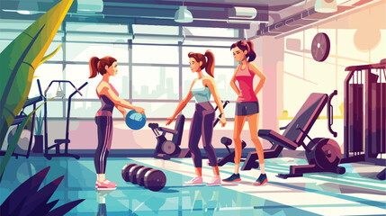 Coach help woman training in gym. Fitness exercise 