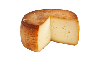 A round piece of cheese with a clear bite mark on one side, showing the creamy interior against the textured rind