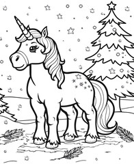Cute and cheerful unicorn under Christmas tree. Coloring book page.
