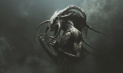 A terrifying monster with tentacles and sharp claws in a dark atmosphere