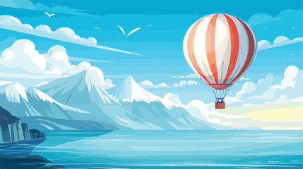 Hot air balloon in sky above the sea water cartoon