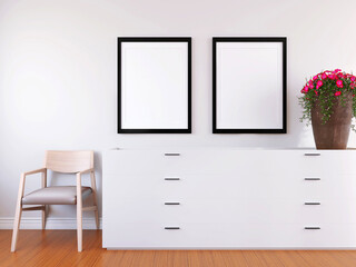 Living Room Interior Design with a Wall Poster Frame Mockup and 3D Rendered House Background