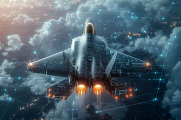 Sight aimed at fighter jet, satellite target, laser beam, digital tracking of tactical weapon from space, Modern tactical jet fighter shooting flares