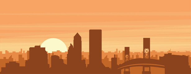 Brown panoramic poster of the city skyline with misty background buildings, sunrise, clouds and mountains of JACKSONVILLE, UNITED STATES