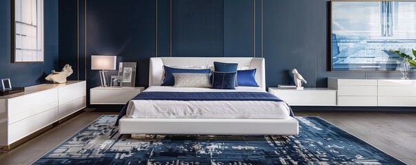 A contemporary luxury bedroom with walls in indigo