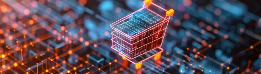 Ecommerce in the digital age, vibrant shopping cart symbol encased in a techinfused cube, representing modern consumerism