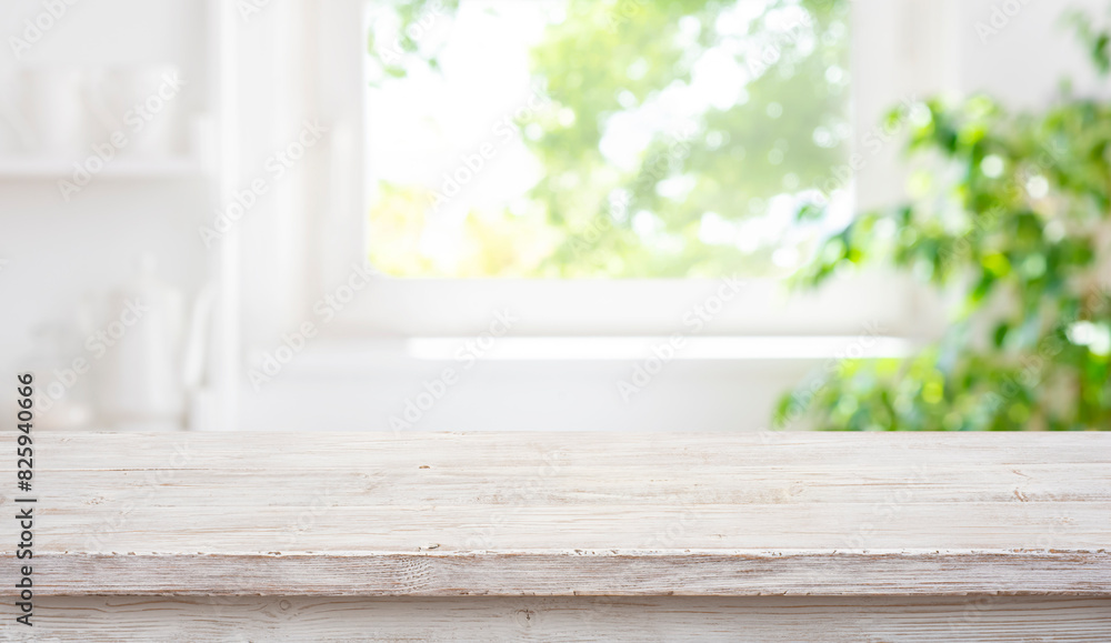 Canvas Prints empty wood table top on blur window sill and kitchen shelf background
