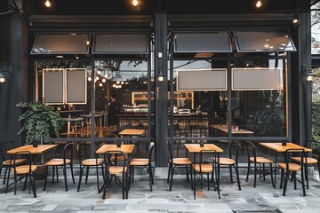 Modern black and gray cafe exterior with wooden tables and chairs