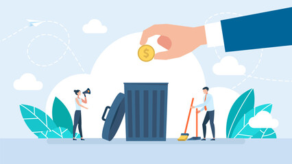 The hand throws dollar coin into the trash can. Flat cartoon design. Hand throwing dollar USD currency away trash can toss. Vector illustration
