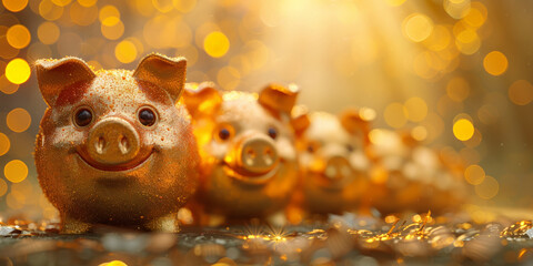 Glittering golden piggy banks lined festive background wealth, prosperity, festive savings