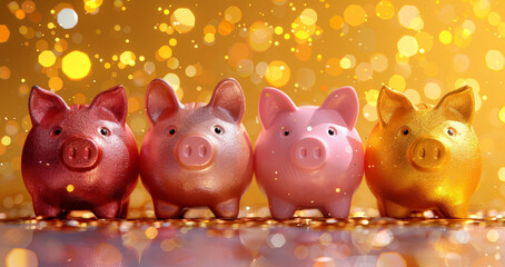 Row of glittering golden piggy banks with coins, symbolizing wealth, savings, and prosperity.