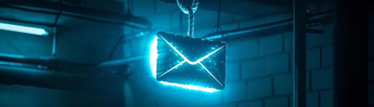 Eerie depiction of an email phishing attack, with an email icon hanging from a hook under a cold, blue light