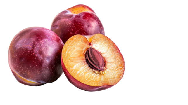 A pair of ripe plums resting together in close proximity