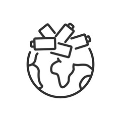 A planet littered with piles of batteries, linear icon. The problem of recycling batteries and accumulators. Line with editable stroke