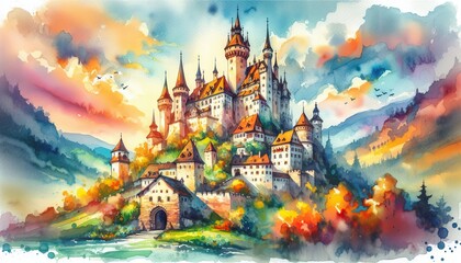 Watercolor painting of a majestic castle with numerous towers and spires, surrounded by colorful trees, set against a dramatic sky with vibrant clouds and flying birds