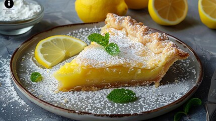 Slice of Lemon Tart with Powdered Sugar and Mint