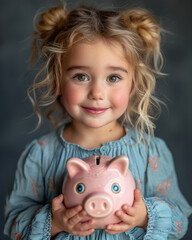 Little girl holding pink piggy bank with pigtails. Close-up portrait smiling child