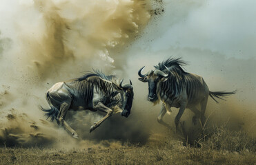 two wildebeest fighting in the African savannah, showcasing their strength and agility against each...