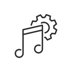 Musical note and gear, linear icon. Line with editable stroke